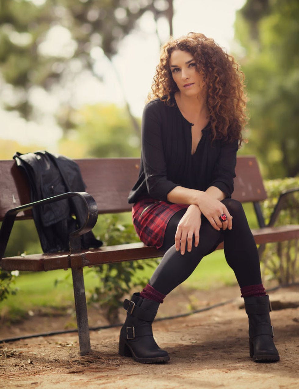 Clothing, Brown, Shoe, Boot, Outerwear, Style, Sitting, Street fashion, Knee, Riding boot, 