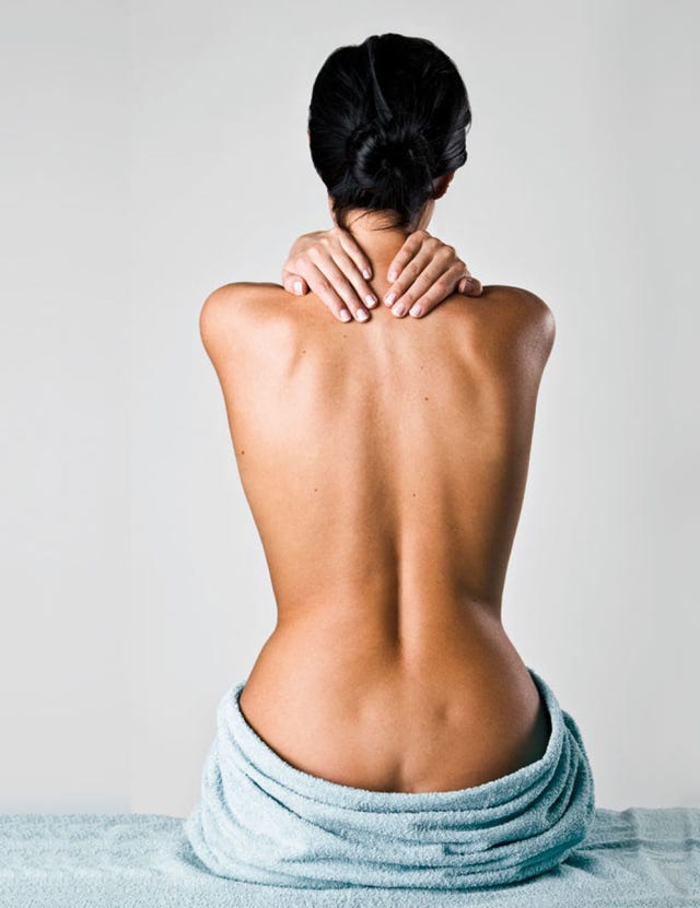 Shoulder, Joint, Back, Wrist, Waist, Neck, Teal, Long hair, Abdomen, Physical fitness, 