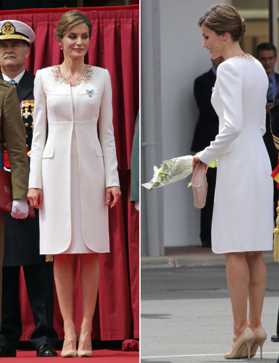 Clothing, Sleeve, Shoulder, Dress, Outerwear, Red, Formal wear, Coat, Style, Hat, 