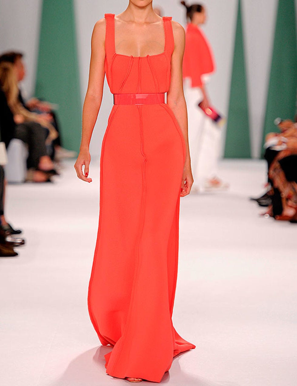 Clothing, Event, Fashion show, Shoulder, Joint, Red, Runway, Fashion model, Dress, Style, 