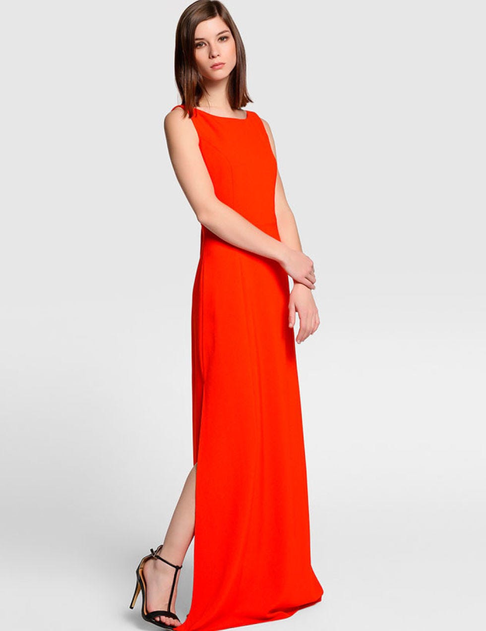 Sleeve, Dress, Shoulder, Joint, Standing, Elbow, Formal wear, One-piece garment, Neck, Orange, 