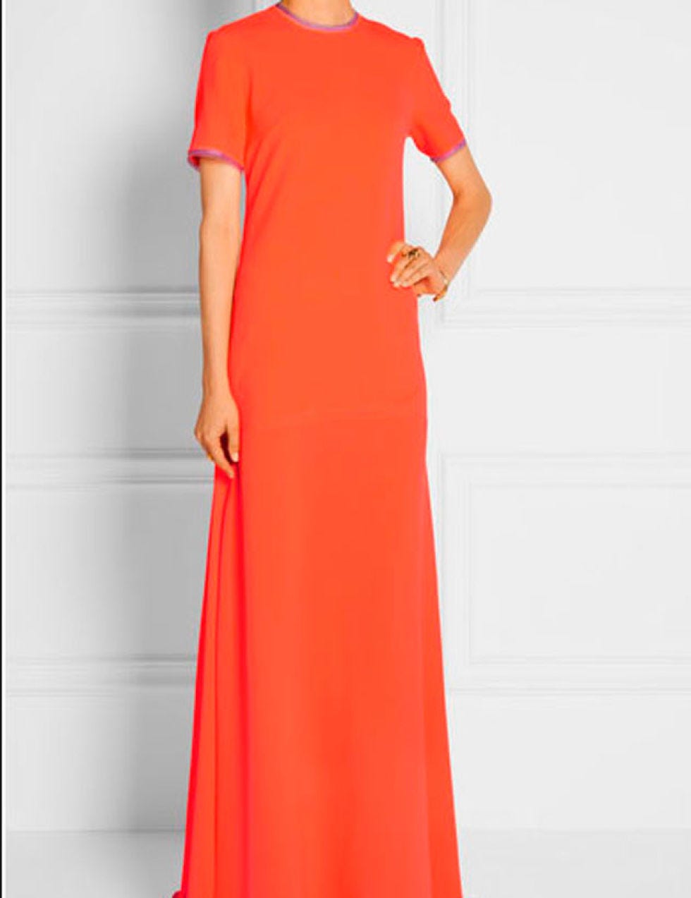 Clothing, Sleeve, Dress, Shoulder, Textile, Red, Joint, Standing, Orange, One-piece garment, 