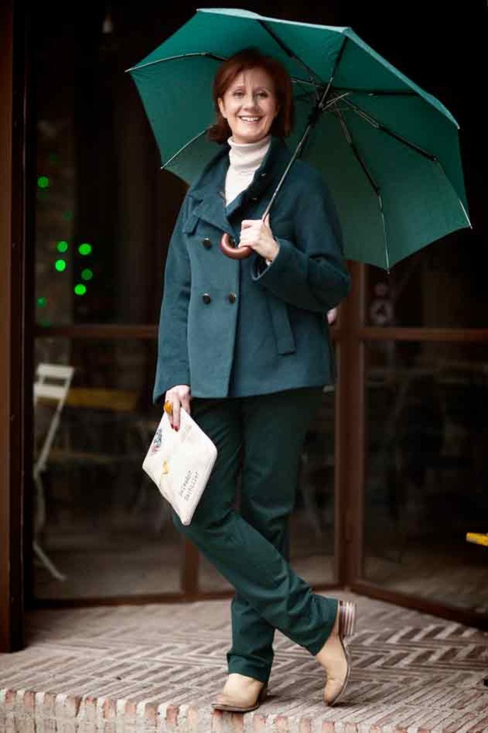 Clothing, Sleeve, Trousers, Coat, Umbrella, Photograph, Outerwear, Standing, Collar, Street fashion, 