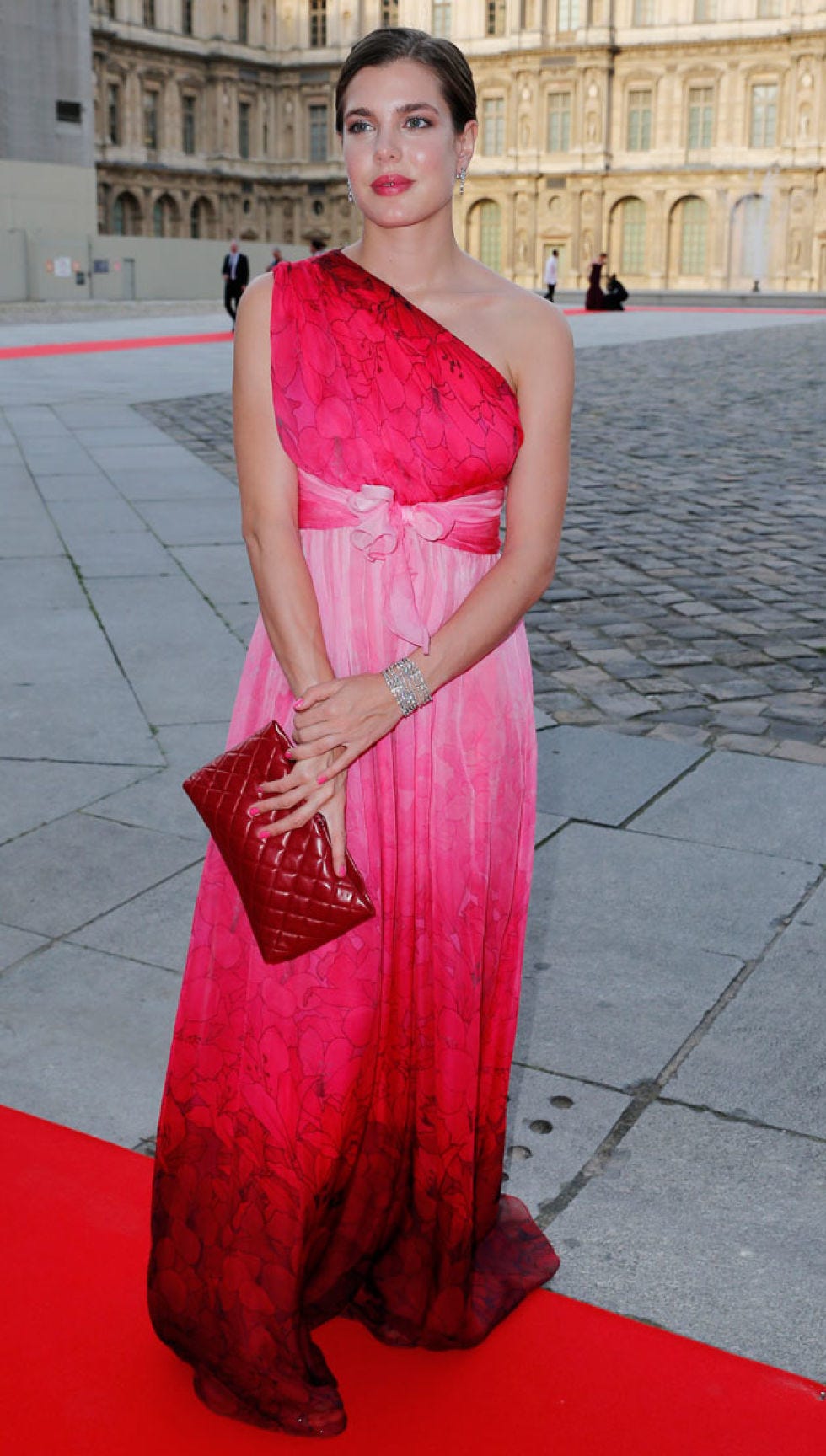 Clothing, Fashion model, Dress, Shoulder, Pink, Red, Gown, Beauty, Fashion, Haute couture, 