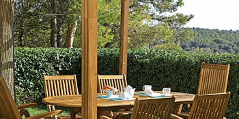 Wood, Furniture, Table, Outdoor furniture, Hardwood, Chair, Outdoor table, Shade, Patio, Garden, 