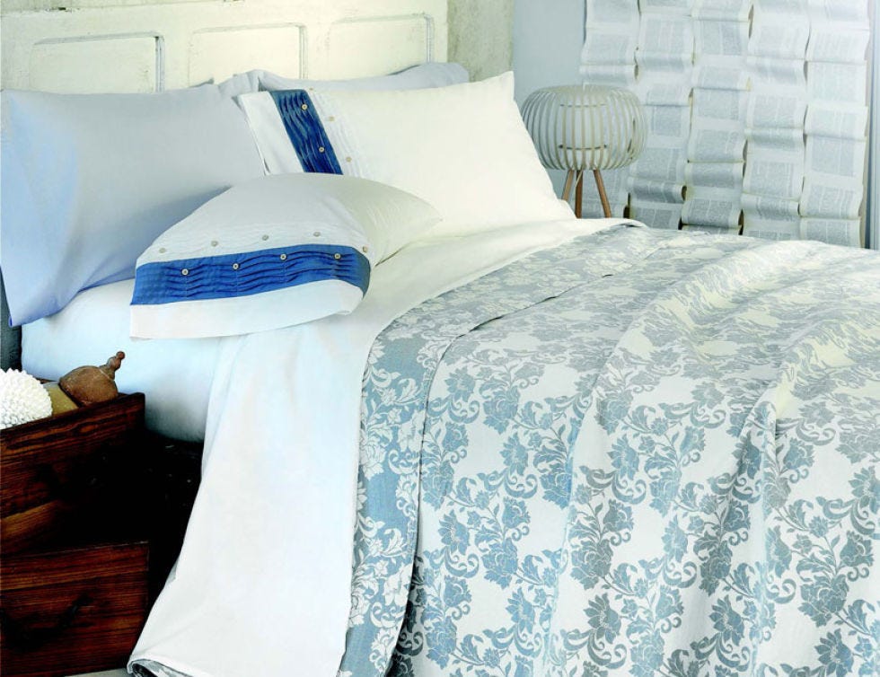 Blue, Room, Interior design, Textile, Bedding, Linens, Bed sheet, Wall, Bed, Bedroom, 