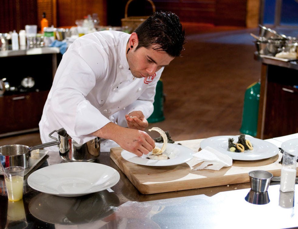 Dishware, Serveware, Cook, Tableware, Chef, Cooking, Plate, Kitchen, Countertop, Distilled beverage, 
