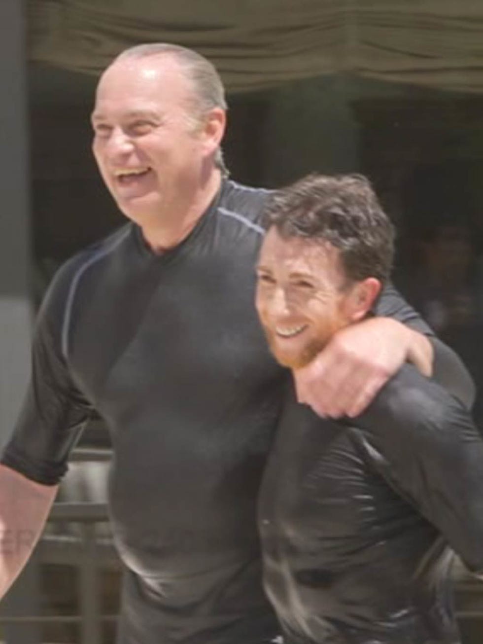 Head, Nose, Arm, Mammal, Happy, Facial expression, Interaction, Muscle, Laugh, Gesture, 