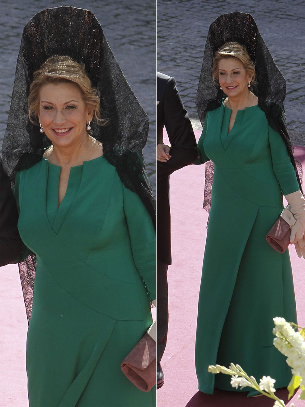 Smile, Green, Sleeve, Dress, Formal wear, Happy, Facial expression, Style, One-piece garment, Headgear, 