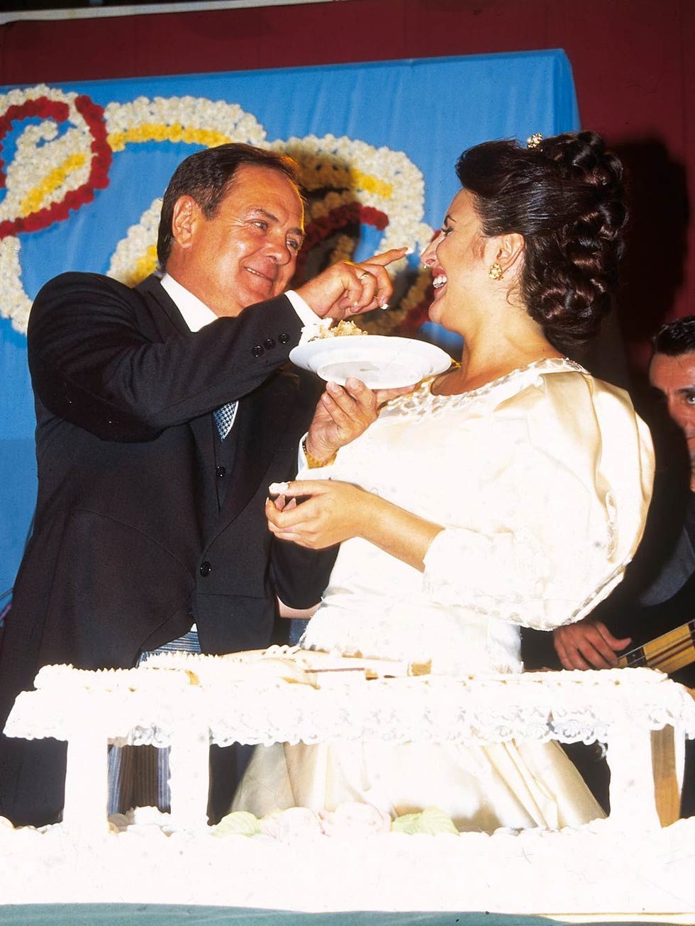 Happy, Interaction, Love, Dessert, Bride, Baked goods, Gesture, Gown, Painting, Vintage clothing, 
