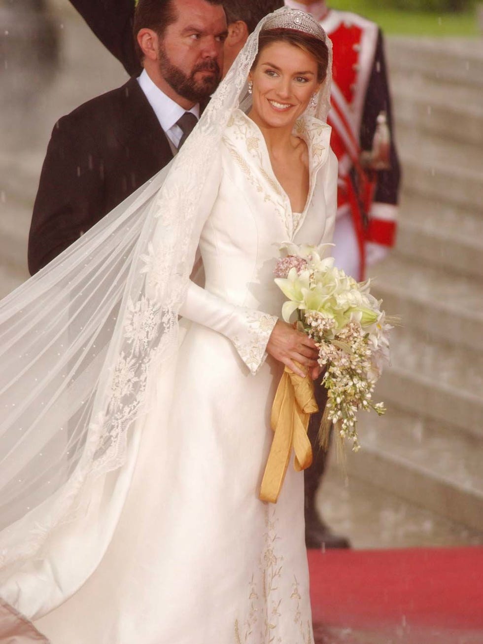 Clothing, Bridal veil, Bridal clothing, Petal, Coat, Dress, Veil, Photograph, Outerwear, Gown, 