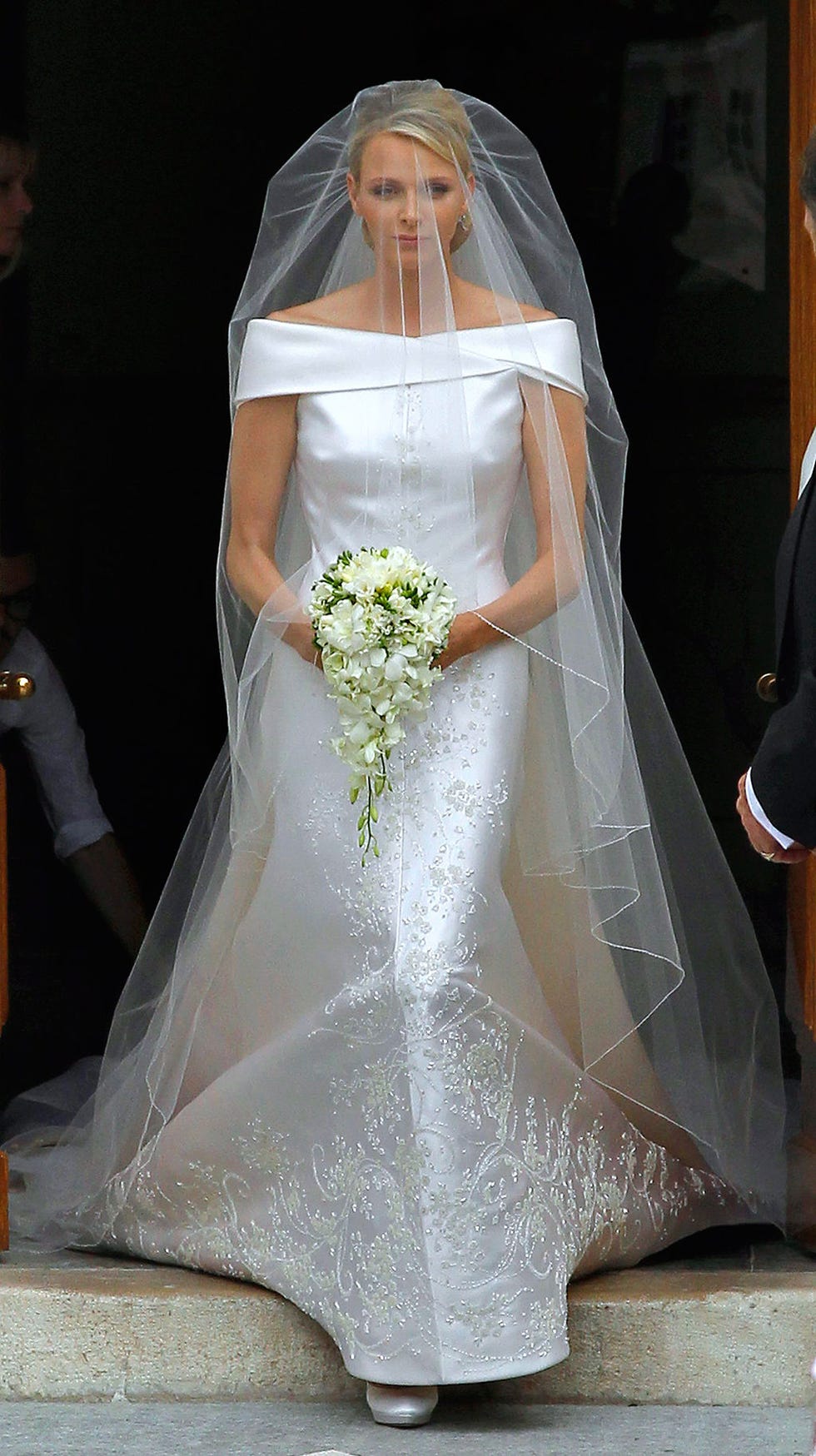 Bridal veil, Bridal clothing, Veil, Sleeve, Shoulder, Dress, Bridal accessory, Wedding dress, Textile, Photograph, 