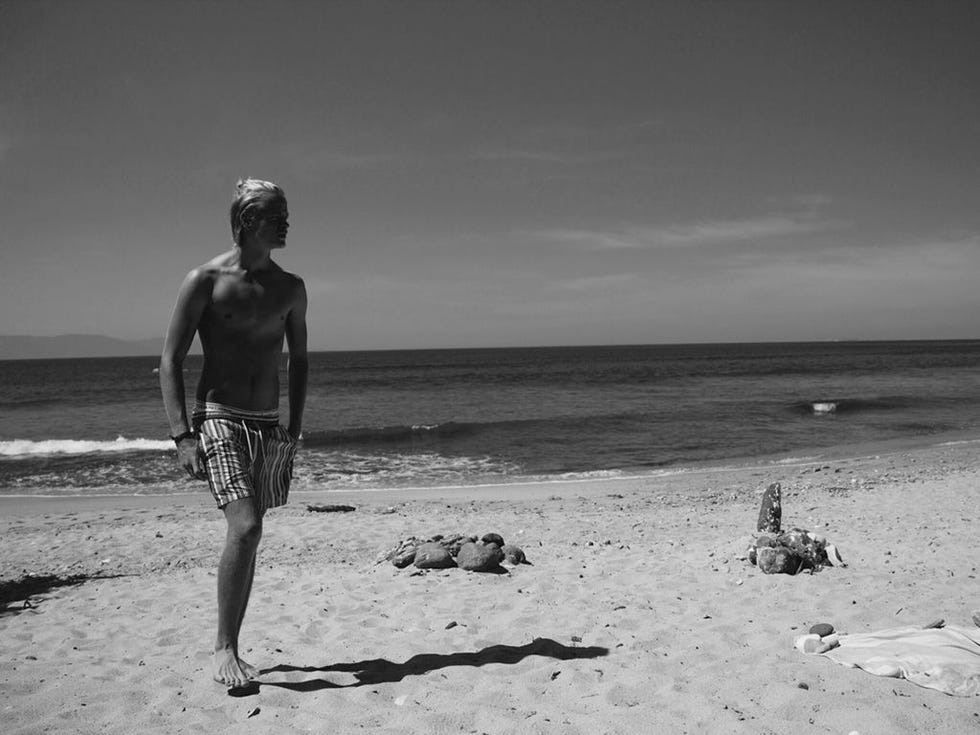 Coastal and oceanic landforms, board short, Beach, Shore, Summer, Monochrome photography, Monochrome, Black-and-white, Sand, Vacation, 