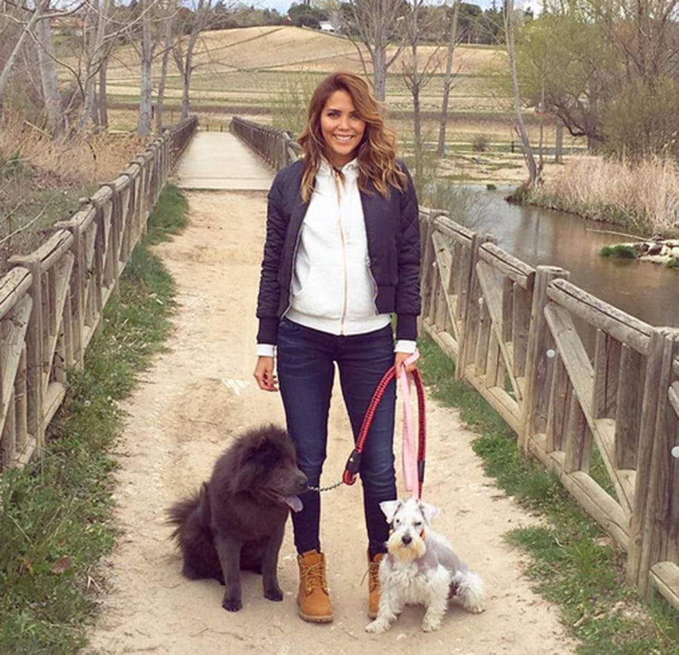 Human, Dog breed, Dog, Carnivore, Vertebrate, Mammal, Jeans, Jacket, Denim, Leash, 