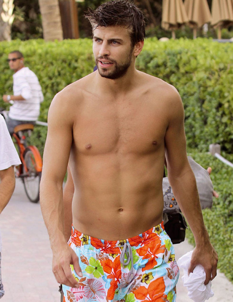 Facial hair, Bicycle wheel, People in nature, Summer, board short, Shorts, Muscle, Trunk, Chest, Trunks, 