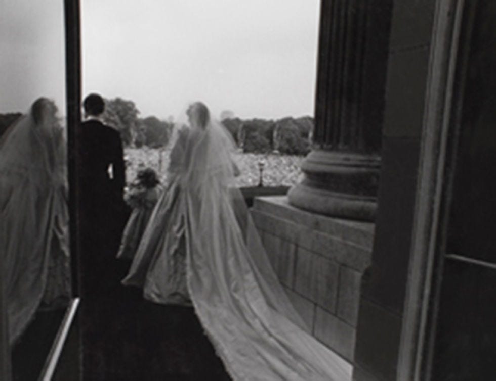 Standing, Photograph, White, Dress, Bridal clothing, Style, Monochrome, Formal wear, Monochrome photography, Gown, 