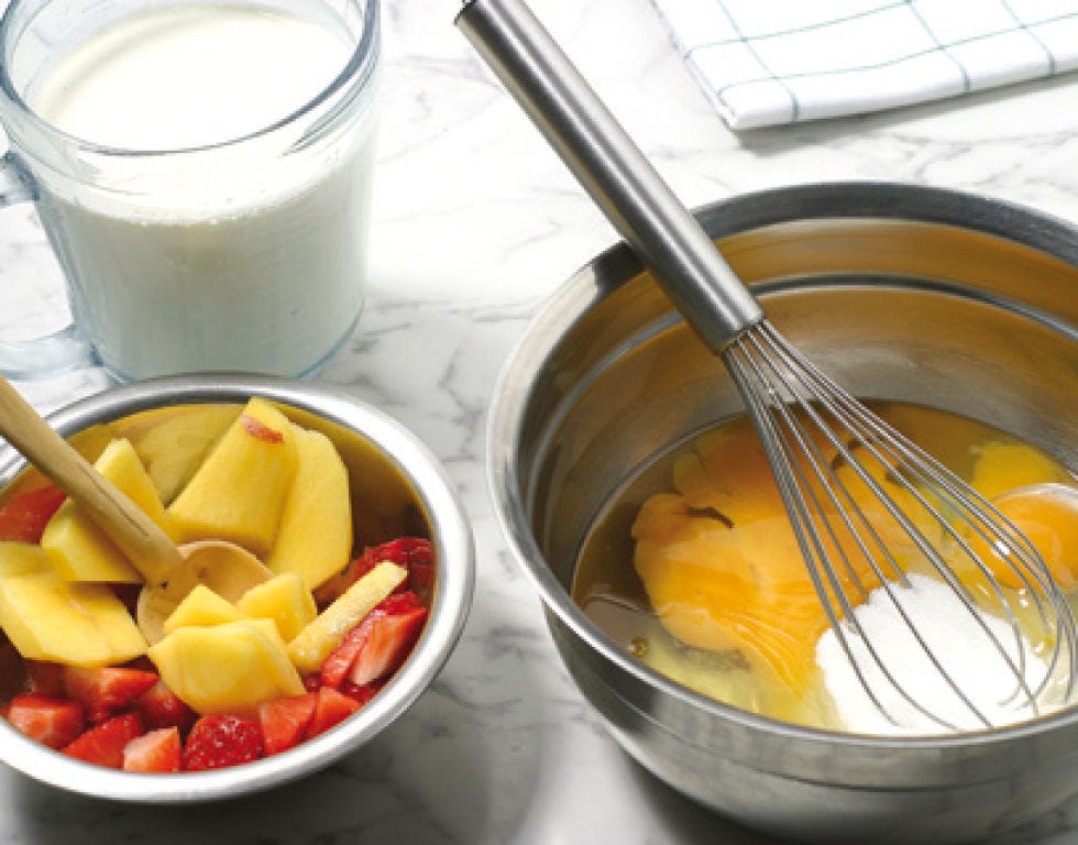 Food, Ingredient, Fruit salad, Cuisine, Milk, Whisk, Produce, Tableware, Plant milk, Sweetness, 