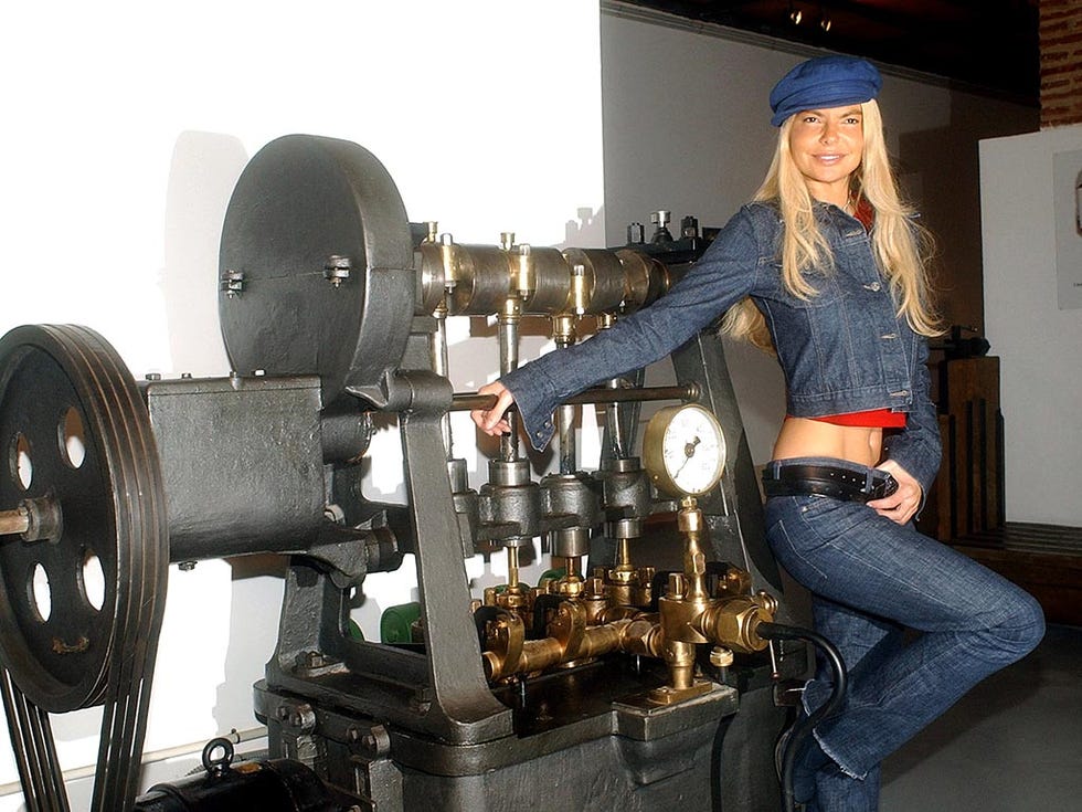 Denim, Hat, Machine, Flash photography, Glove, Costume accessory, Costume hat, Refrigerator, Machine tool, Fedora, 