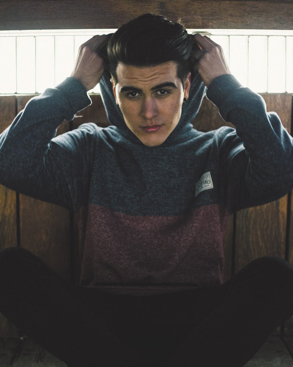 Hand, Wrist, Elbow, Sitting, Cool, Black hair, Flash photography, Portrait, Portrait photography, Sweater, 
