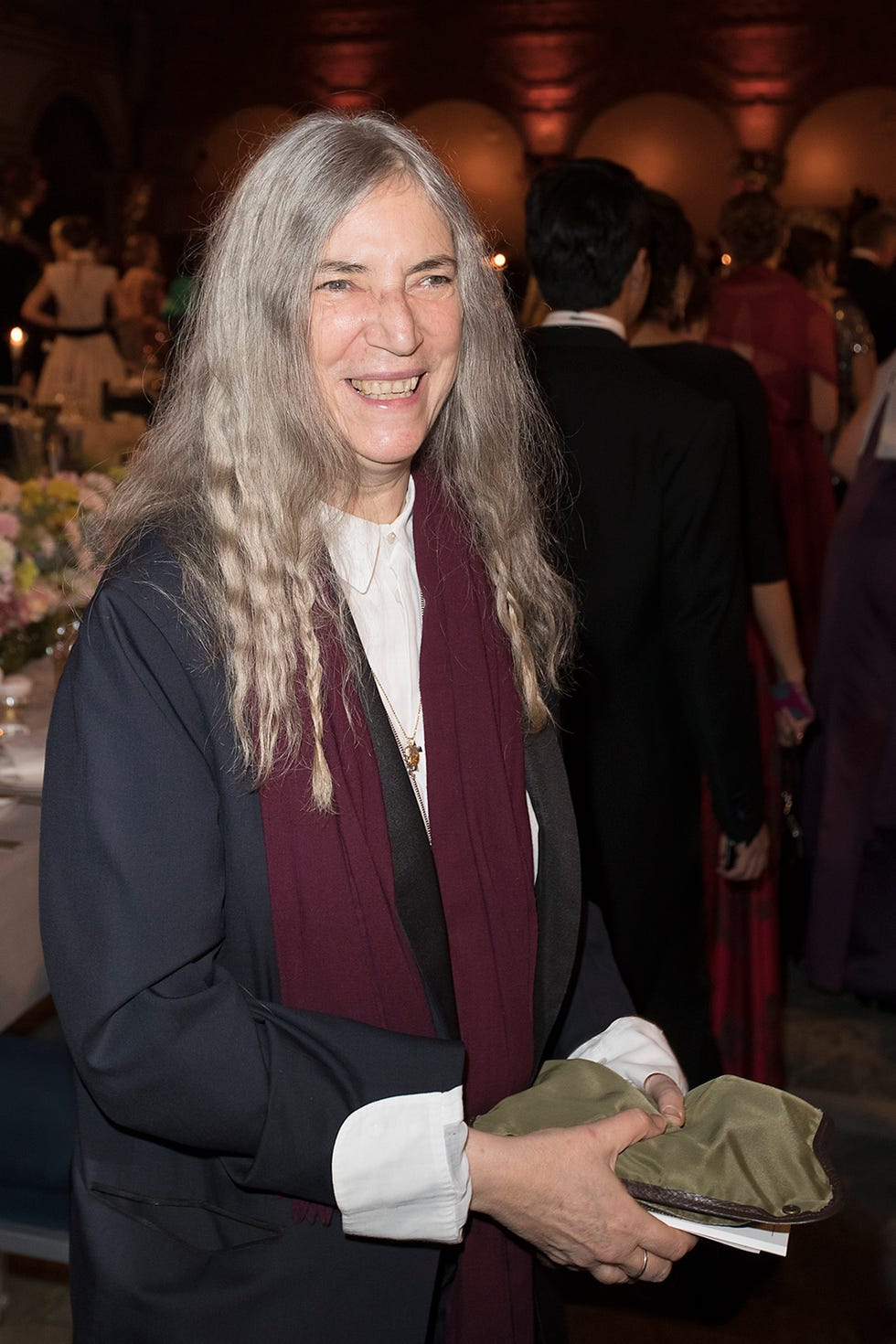 Formal wear, Blazer, Long hair, Layered hair, Suit trousers, Laugh, Function hall, Scarf, Makeover, 