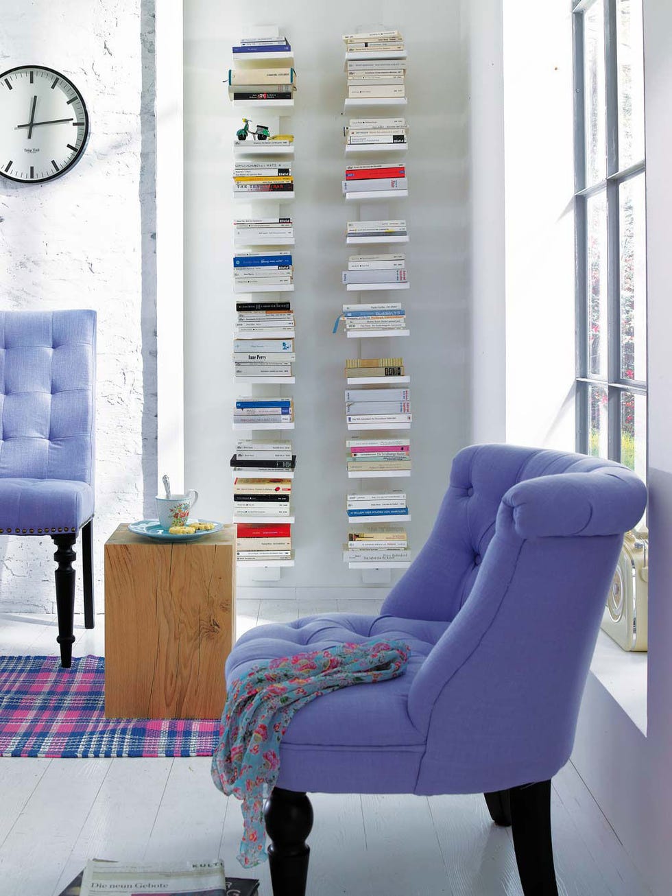 Blue, Room, Interior design, Furniture, Wall, Floor, Shelving, Teal, Wall clock, Home, 