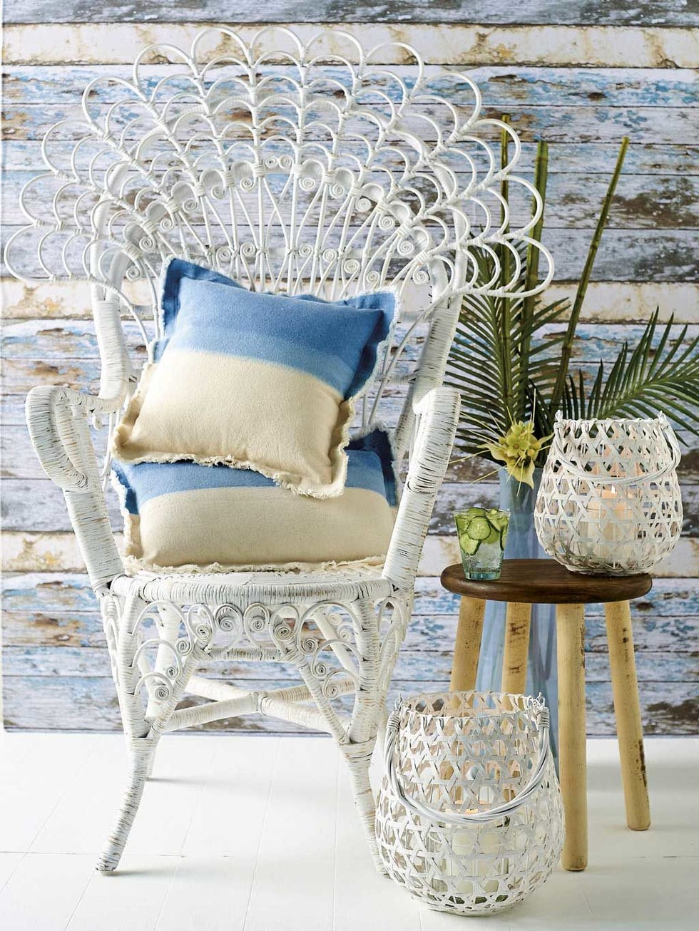Blue, Furniture, Chair, Natural material, Cushion, Pillow, Outdoor furniture, Wicker, Vase, Outdoor table, 