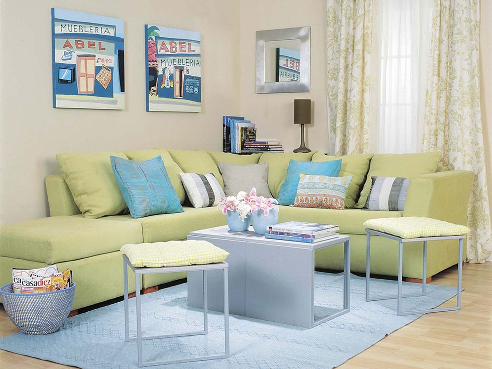 Blue, Interior design, Room, Green, Living room, Wall, Floor, Home, Furniture, Couch, 