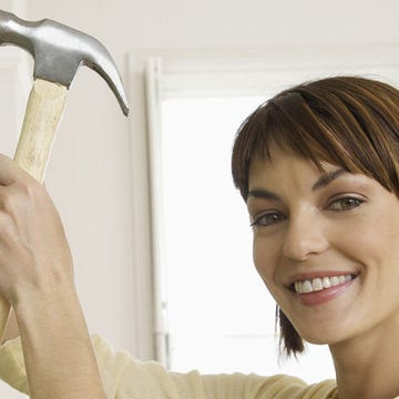 Smile, Tooth, Eyelash, Bangs, Household hardware, Interior design, Hammer, Wood stain, Plumbing fixture, Door handle, 