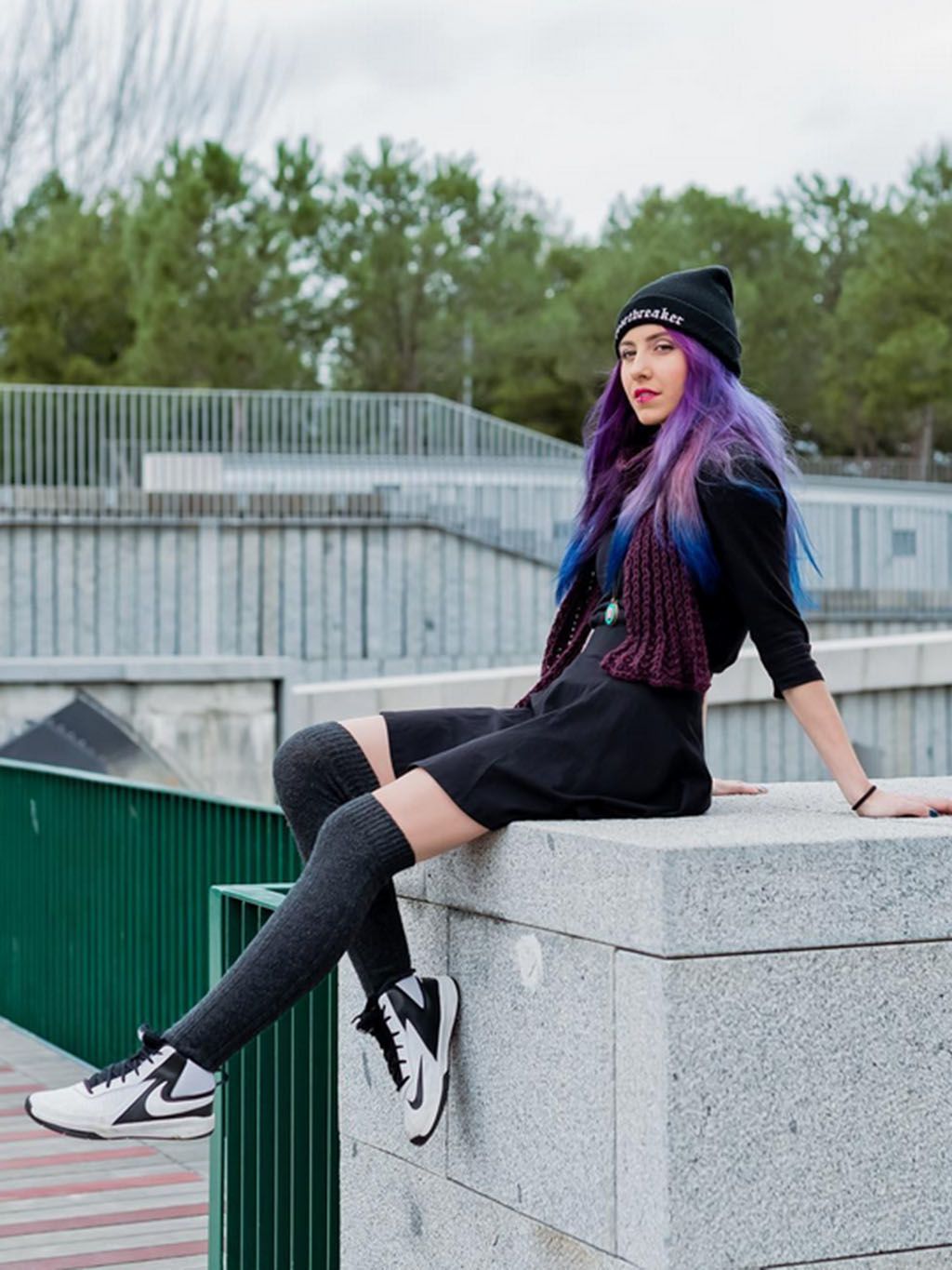 Black, Clothing, Street fashion, Leg, Beauty, Fashion, High heels, Model, Purple, Footwear, 
