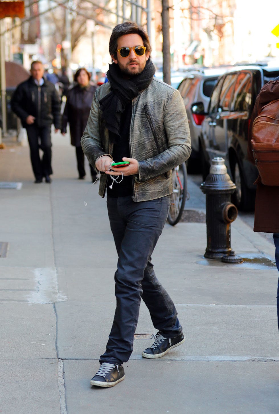 Street fashion, Jeans, Clothing, Fashion, Snapshot, Standing, Denim, Eyewear, Jacket, Sunglasses, 