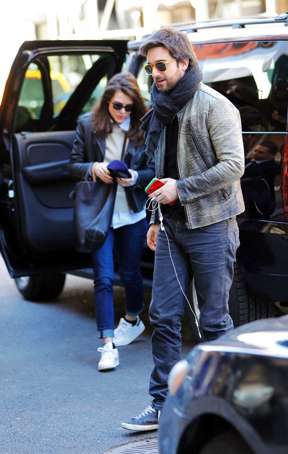 Street fashion, Vehicle, Fashion, Car, Jeans, Sunglasses, Vehicle door, Fashion accessory, Sportswear, Family car, 