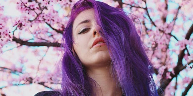 Hair, Purple, Face, Pink, Violet, Lip, Beauty, Hair coloring, Hairstyle, Lavender, 
