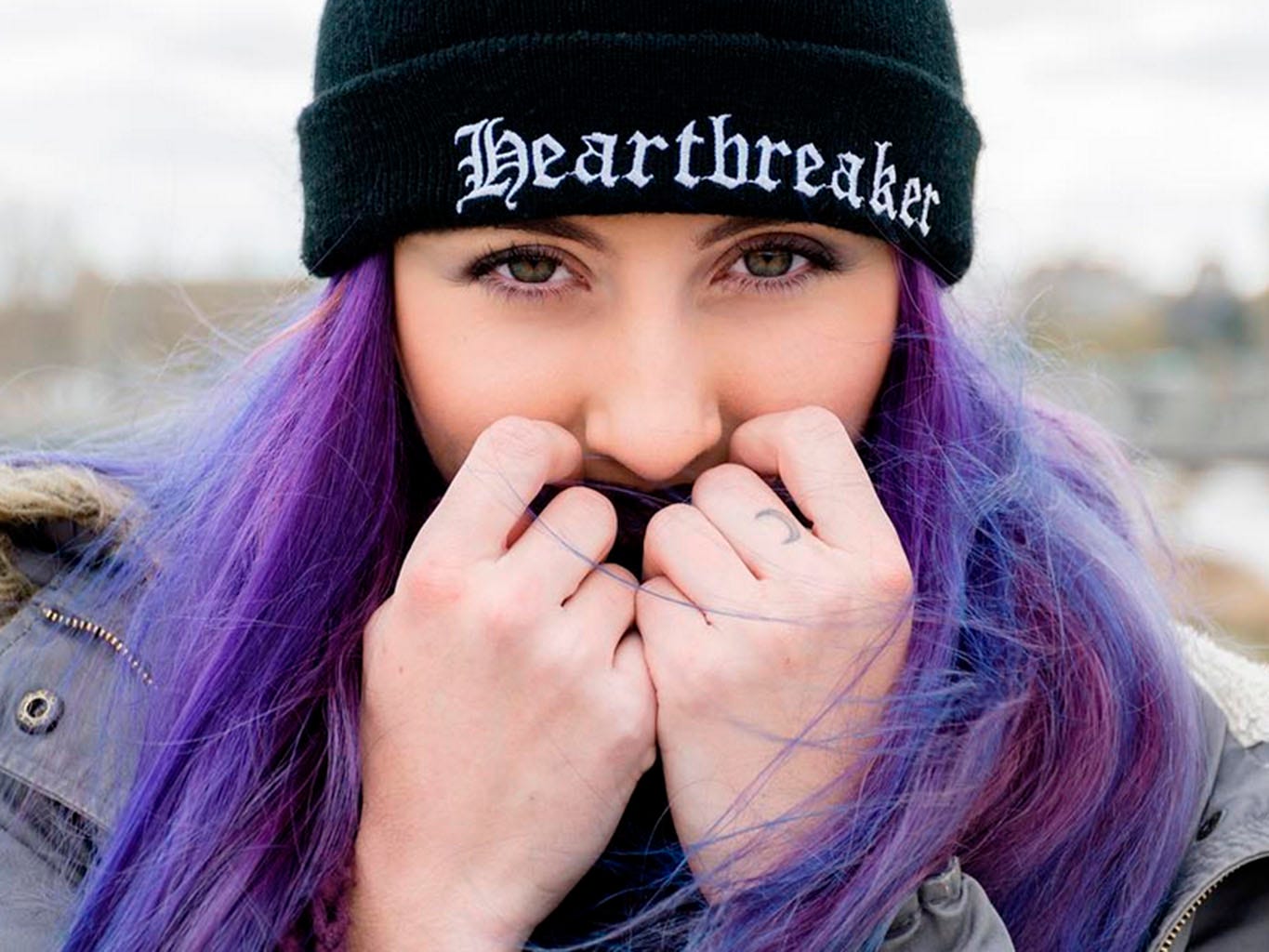 Hair, Face, Cool, Purple, Beanie, Lip, Knit cap, Beauty, Nose, Eyebrow, 