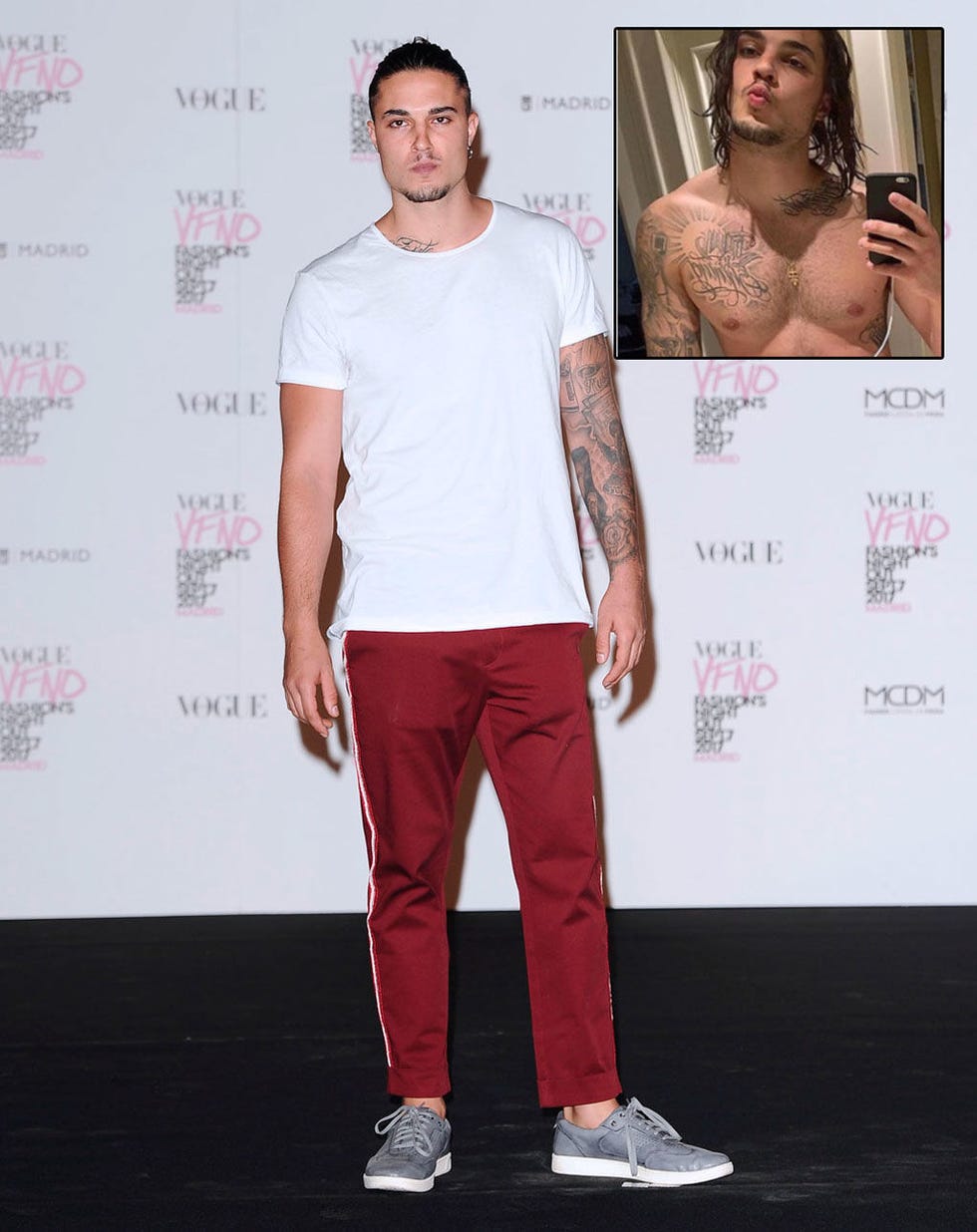 Clothing, Fashion, Shoulder, T-shirt, Carpet, Footwear, Muscle, Sportswear, Magenta, Trousers, 