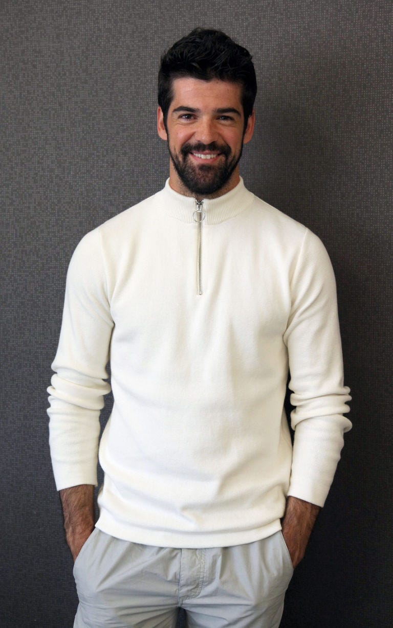 Clothing, White, Sleeve, Neck, Facial hair, Cool, Collar, Sweater, Outerwear, Beard, 