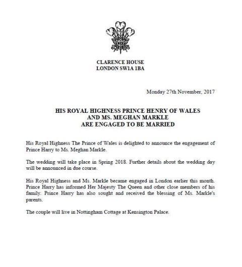 Comunicado oficial del compromiso del príncipe Harry y Meghan Markle