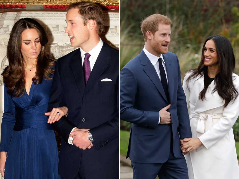 El príncipe Guillermo y Kate Middlton; y el príncipe Enrique y Meghan Markle en su pedida de mano
