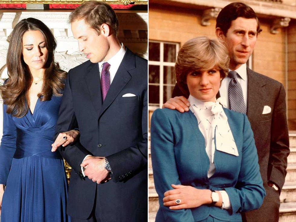 El príncipe Guillermo y Kate Middlton; y el príncipe Carlos y Lady Di en su pedida de mano