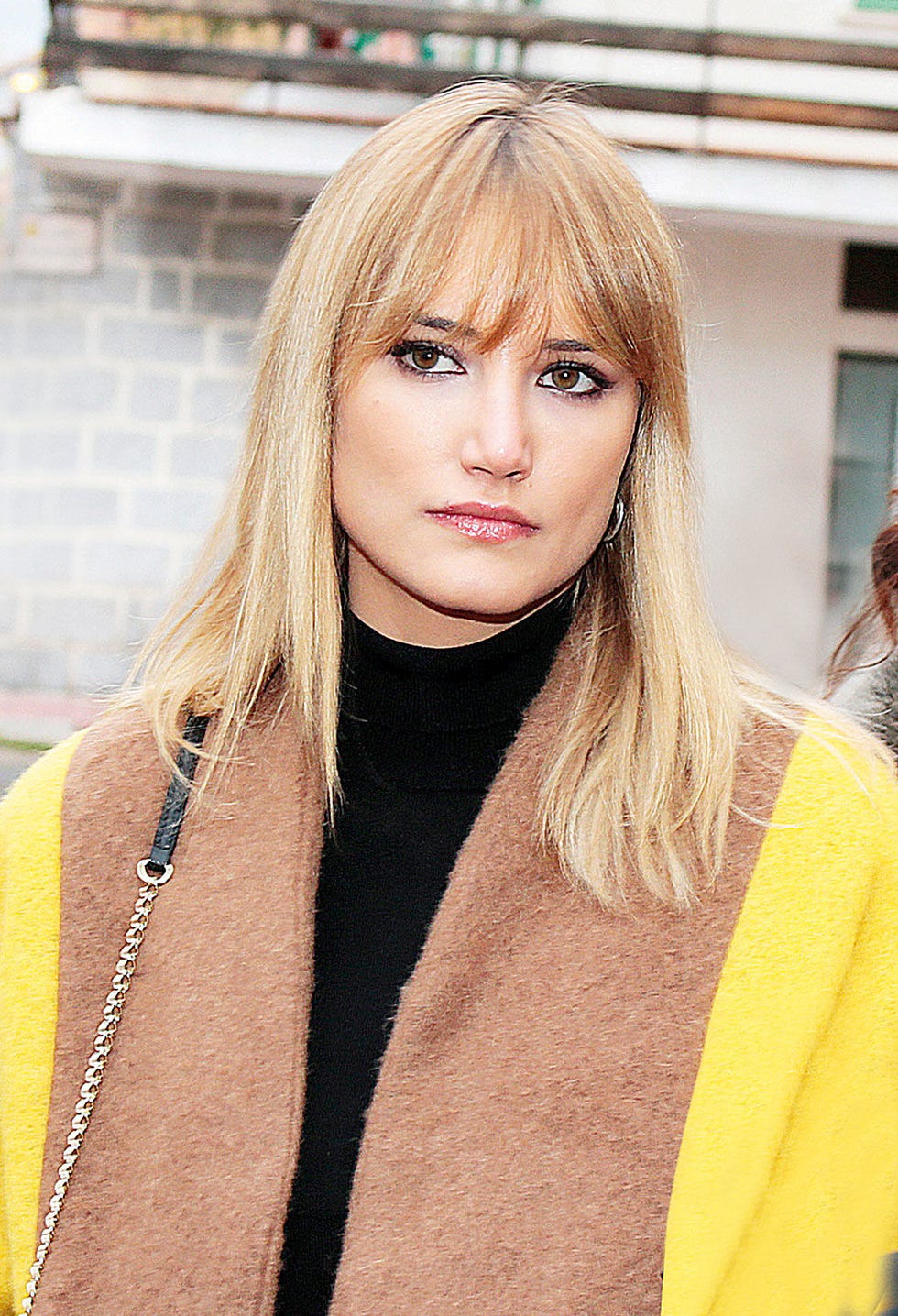 Hair, Face, Blond, Hairstyle, Hair coloring, Bangs, Yellow, Lip, Beauty, Eyebrow, 