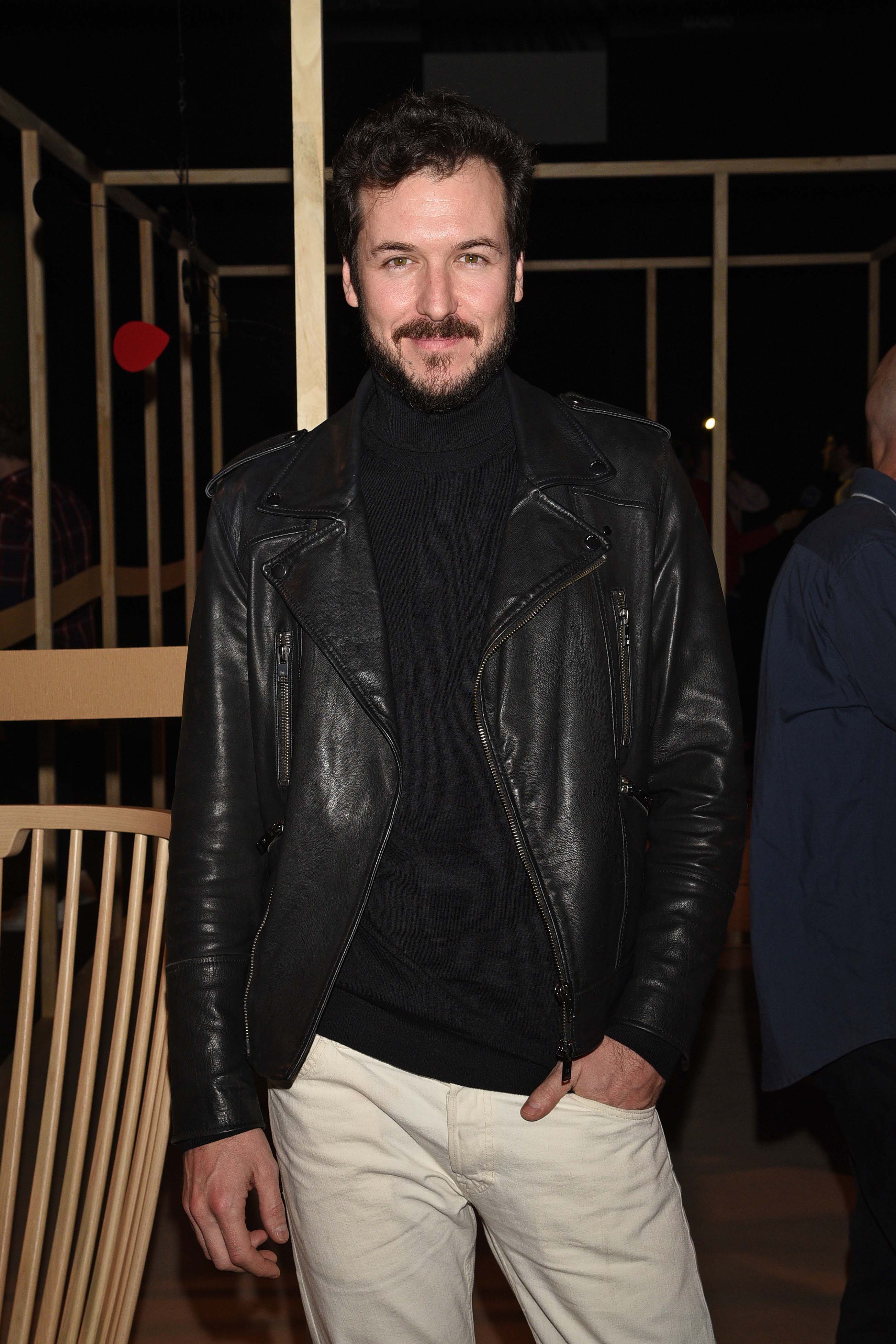 Leather, Leather jacket, Jacket, Clothing, Facial hair, Textile, Outerwear, Fashion, Beard, Top, 