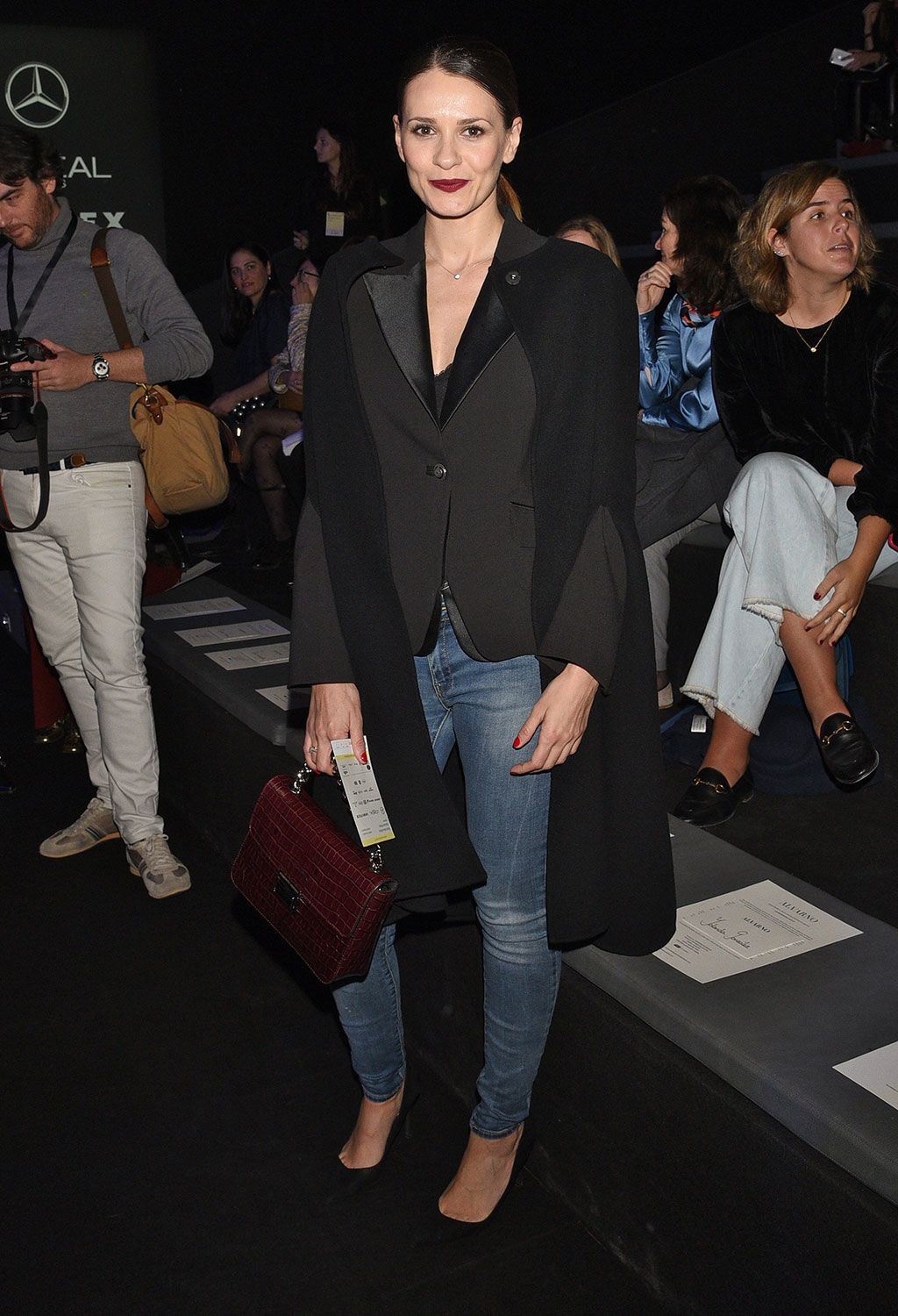 Fashion, Clothing, Event, Fashion show, Jeans, Public event, Lip, Shoulder, Footwear, Outerwear, 