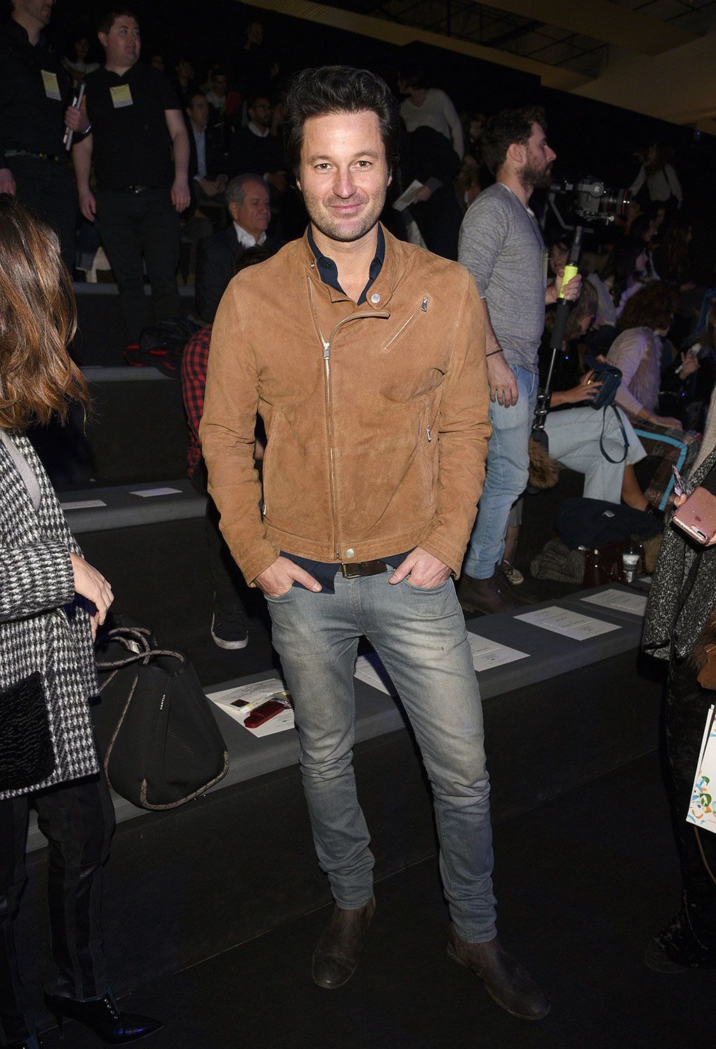 Fashion, Event, Jeans, Shoulder, Outerwear, Leather, Textile, Leg, Denim, Leather jacket, 