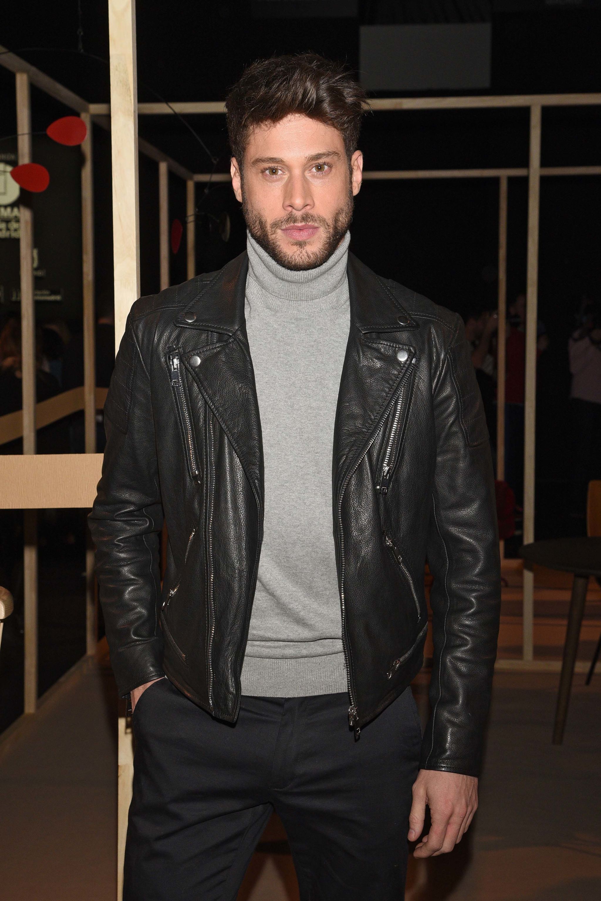 Leather, Leather jacket, Jacket, Clothing, Textile, Facial hair, Fashion, Outerwear, Cool, Muscle, 