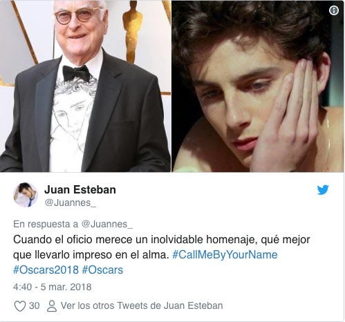 El guionista de 'Call me by you name' eligió una camiseta con el rostro de Thimotée Chamalet, protagonista de la película.