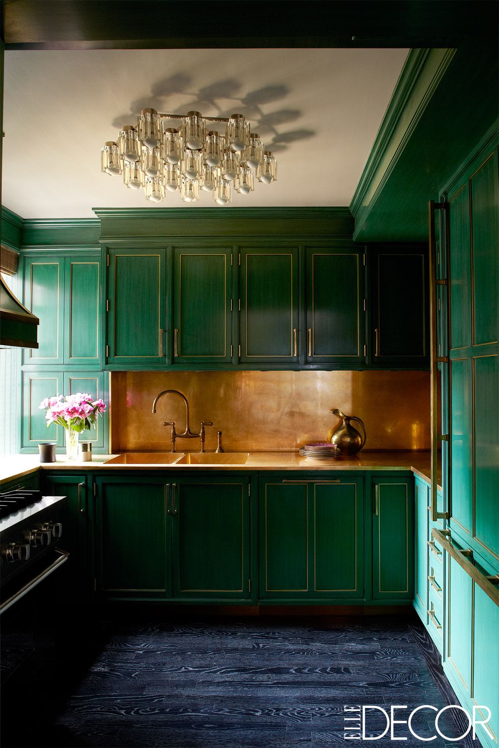 Green kitchen cabinets, gold backsplash, Kelly Wearstler, Cameron Diz