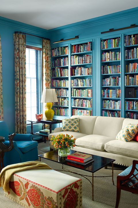 Living room, Room, Furniture, Interior design, Blue, Bookcase, Turquoise, Couch, Wall, Property, 