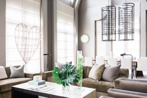 Living room, Interior design, Room, White, Furniture, Building, Wall, Ceiling, Curtain, Table, 