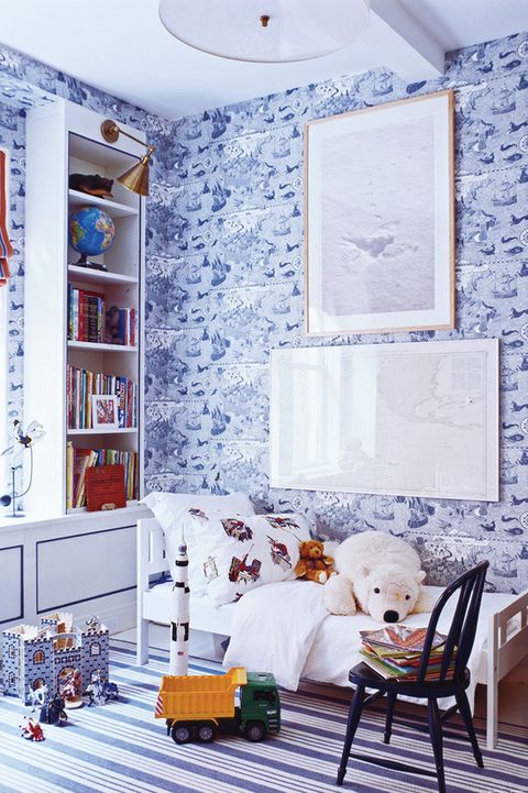 Blue, Room, White, Wall, Interior design, Wallpaper, Furniture, Living room, Property, Home, 