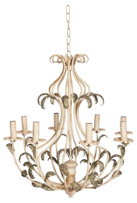 <p>This painted chandelier features eight lights and ornate, fern-like detailing. It has long been a fixture in Martin's home. "This hung over our dining table for years. Then it hung over my desk," he reveals.</p>