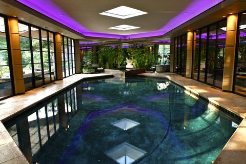 Lighting, Property, Glass, Interior design, Ceiling, Swimming pool, Real estate, Purple, Reflection, Tile, 